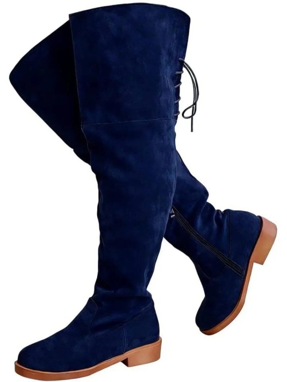 Women's Navy Blue Faux Suede Back Lace Wide Calf Over-the-Knee Thigh-High Boots